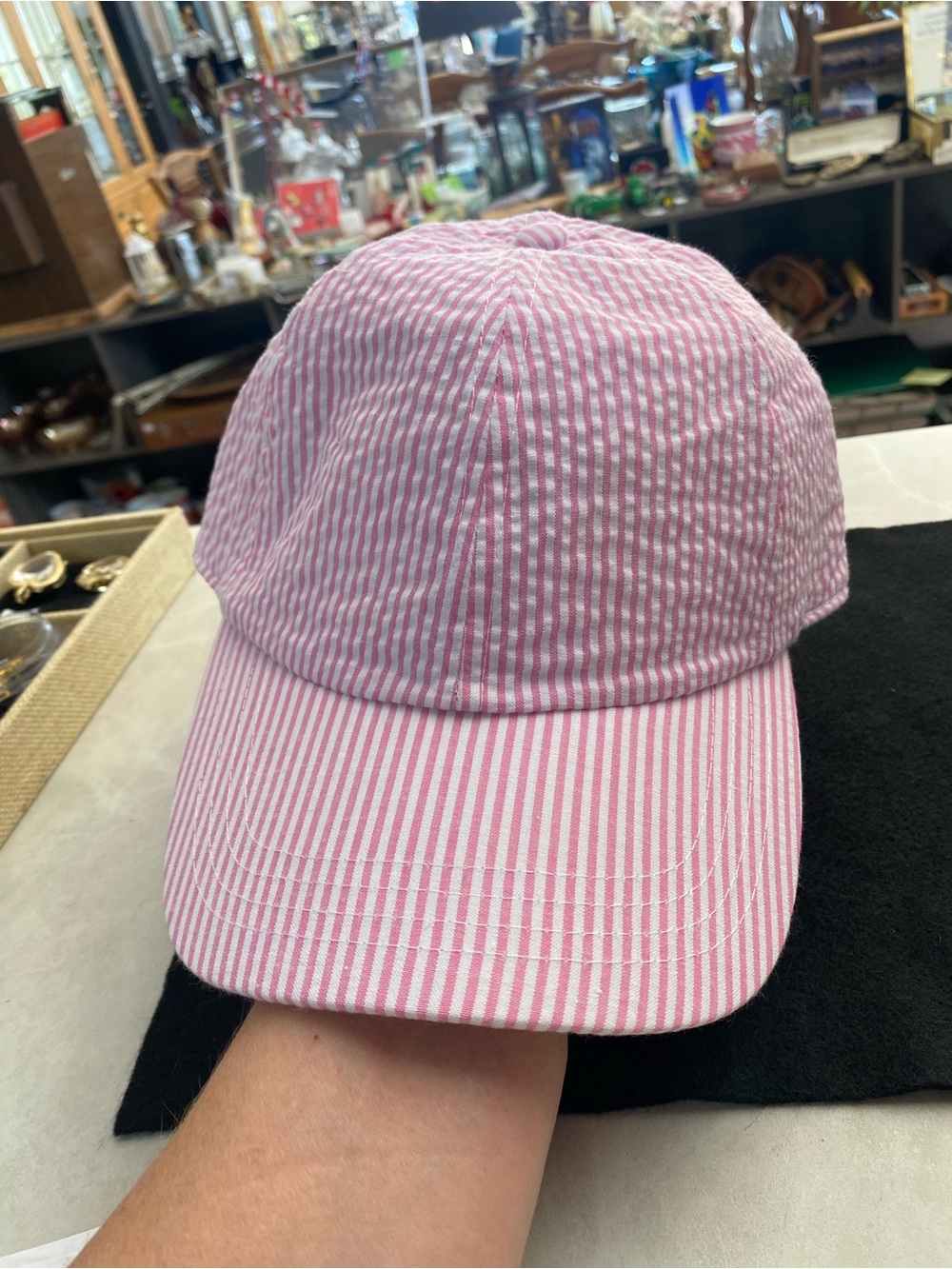 Mud Pie Pink Striped Seersucker Baseball Cap